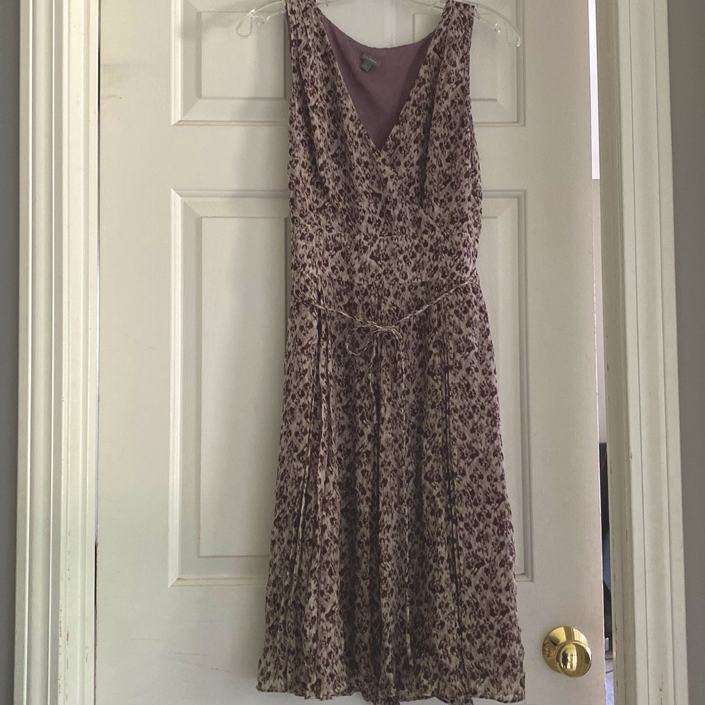 Ann Taylor Slip dress with plunging neck, soft pleats, and slim fabric belt.